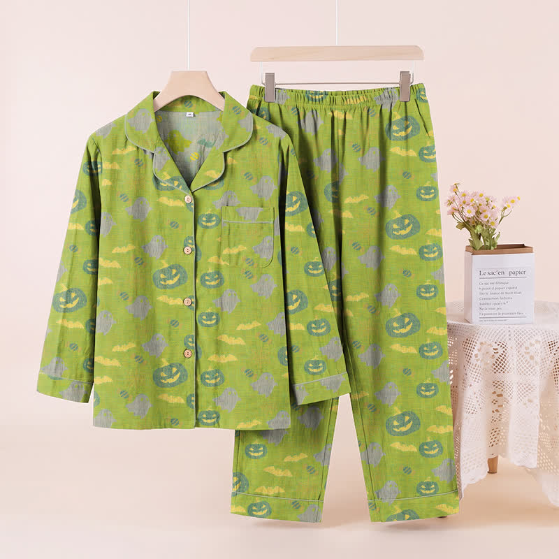 Ownkoti Cute Ghost Pumpkin Cotton Loungewear Set - Green & Yellow - XL - image 24