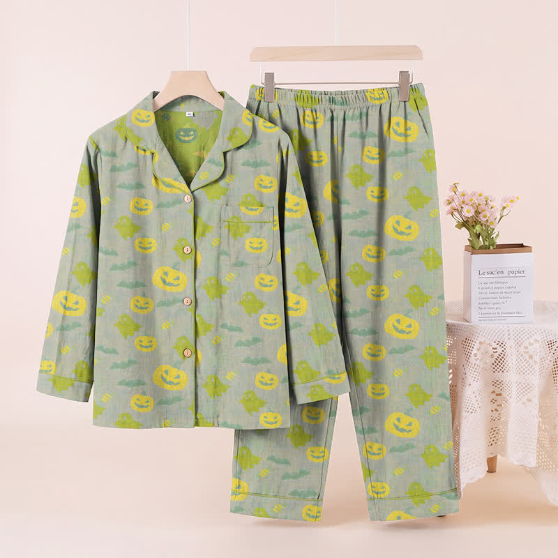 Ownkoti Cute Ghost Pumpkin Cotton Loungewear Set - Gray & Green - XL - image 30
