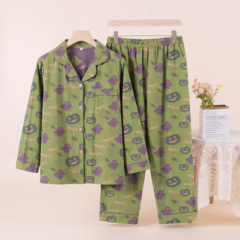 Ownkoti Cute Ghost Pumpkin Cotton Loungewear Set - Green & Purple - XL - image 42