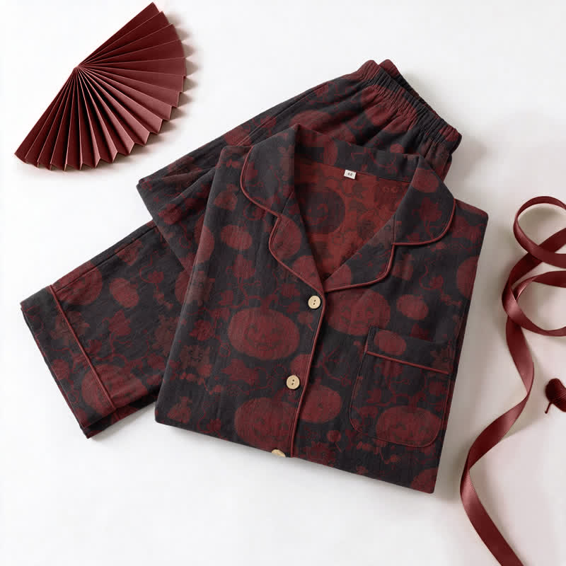 Ownkoti Red Pumpkin Monster Cotton Loungewear Set - Black & Red - XL - image 7