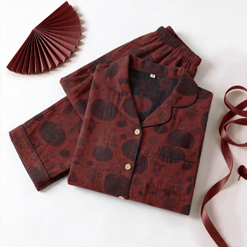 Ownkoti Red Pumpkin Monster Cotton Loungewear Set - Red & Black - XL - image 0