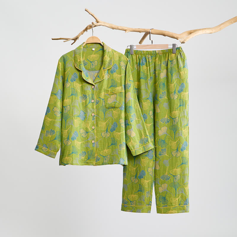 Ownkoti Nature‑Inspired Ginkgo Leaf Cotton Loungewear Set - Green - XL - image 1