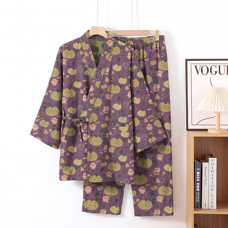 Ownkoti Retro Halloween Pumpkin Kimono Pajama Set - Purple - XL - image 1