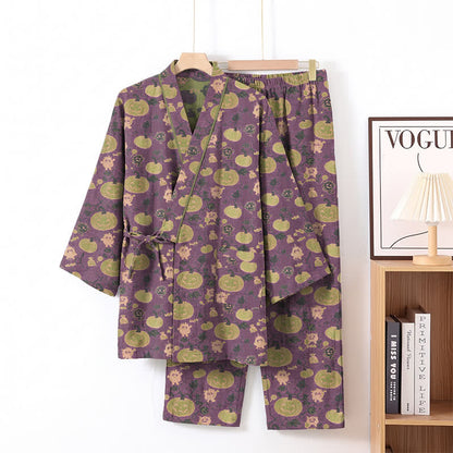 Ownkoti Retro Halloween Pumpkin Kimono Pajama Set - Purple - XL - image 1