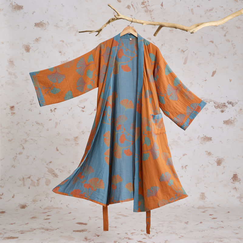 Ownkoti Retro Ginkgo Leaf Cotton Kimono Robe - Orange - XL - image 0