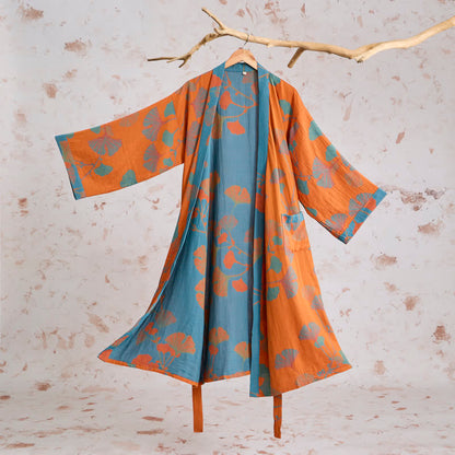 Ownkoti Retro Ginkgo Leaf Cotton Kimono Robe - Orange - XL - image 0