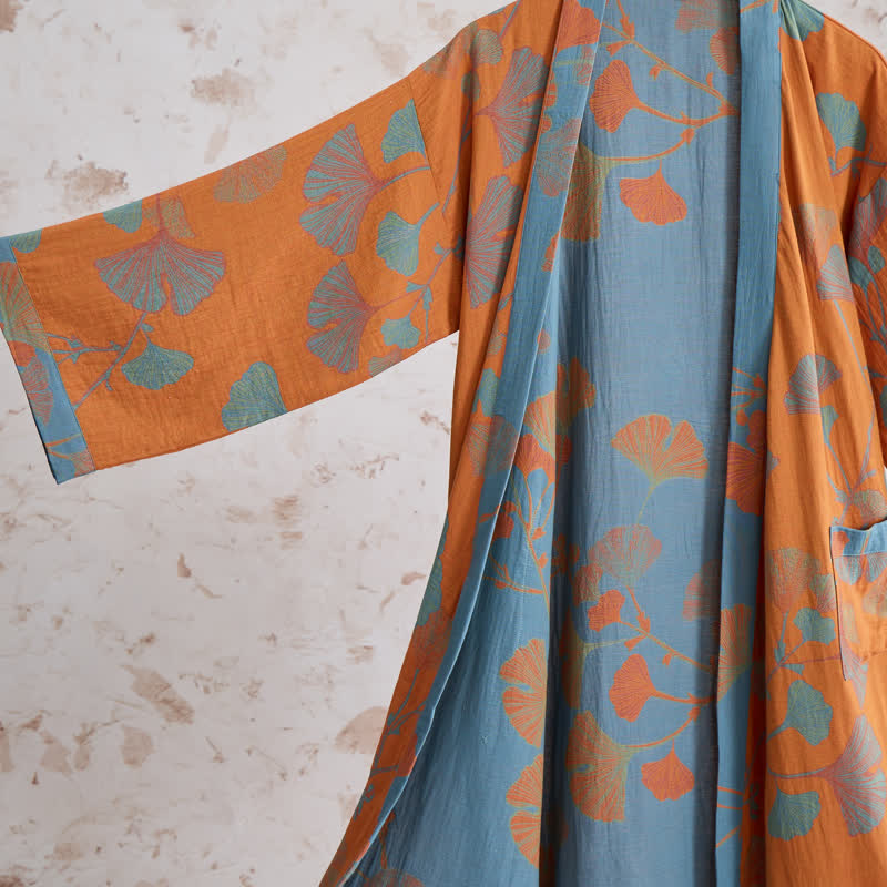 Ownkoti Retro Ginkgo Leaf Cotton Kimono Robe - image 3