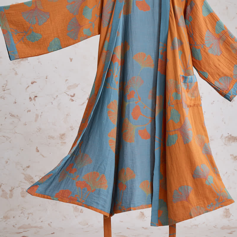 Ownkoti Retro Ginkgo Leaf Cotton Kimono Robe - image 5