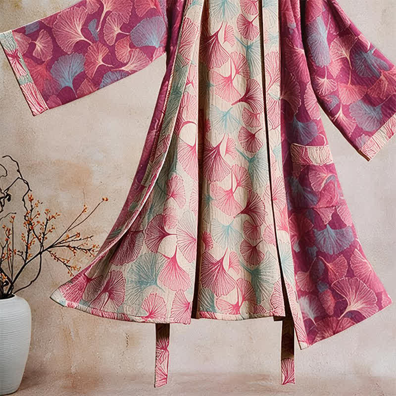 Ownkoti Artistic Ginkgo Leaf Kimono Loungewear Robe - image 3