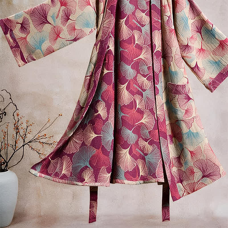 Ownkoti Artistic Ginkgo Leaf Kimono Loungewear Robe - image 8