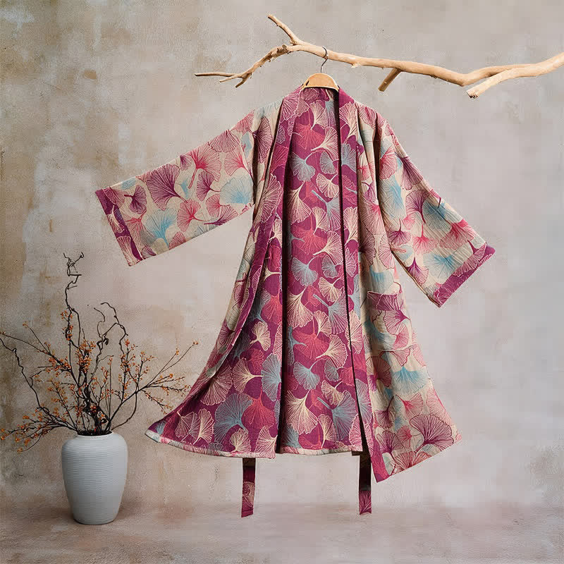 Ownkoti Artistic Ginkgo Leaf Kimono Loungewear Robe - Beige - XL - image 5