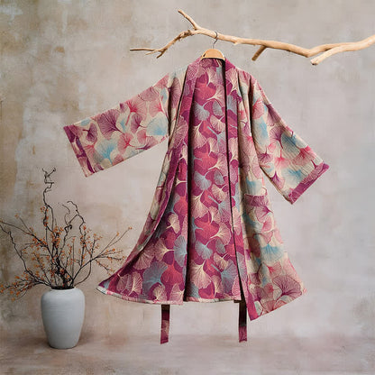Ownkoti Artistic Ginkgo Leaf Kimono Loungewear Robe - Beige - XL - image 5