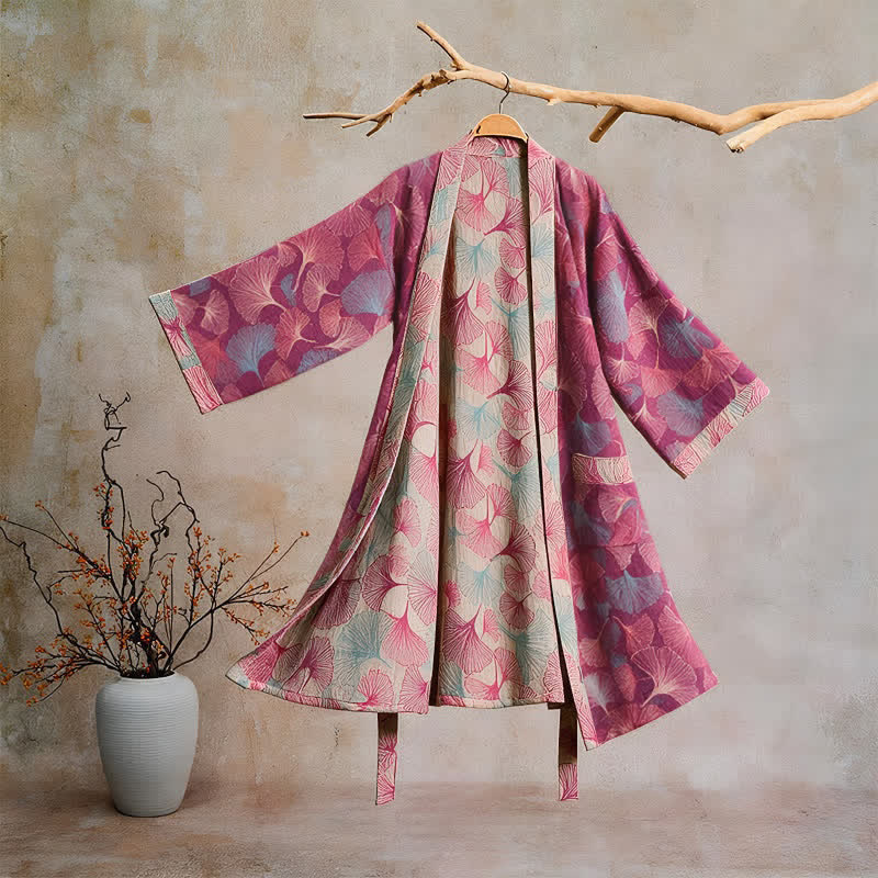 Ownkoti Artistic Ginkgo Leaf Kimono Loungewear Robe - Fuchsia - XL - image 0