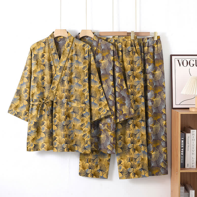 Ownkoti Vintage Ginkgo Leaf Cotton Kimono Pajama Set - image 0