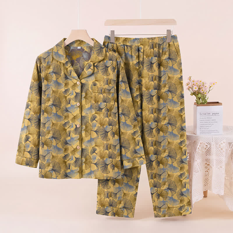 Ownkoti Ginkgo Leaf Notch Collar Pajama Set - Yellow - XL - image 0