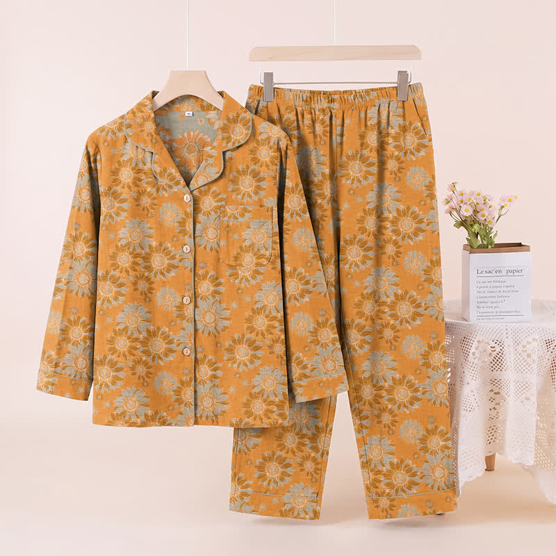 Ownkoti Retro Sunflower Cotton Loungewear Pajama Set - Orange - XL - image 0