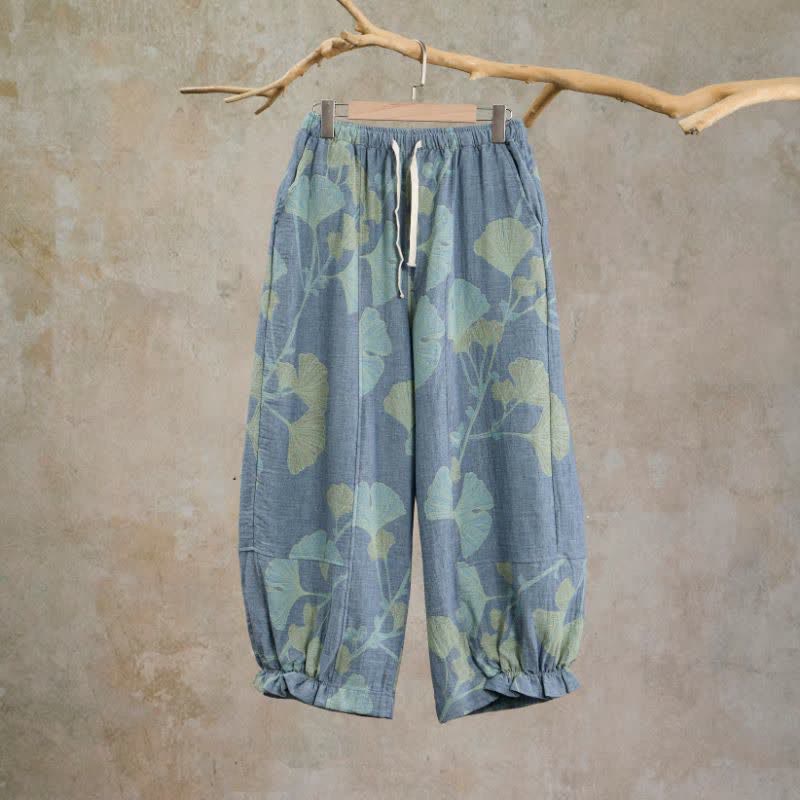 Ownkoti Retro Botanical Ginkgo Leaf Cotton Lounge Pants - Blue - XL - image 0