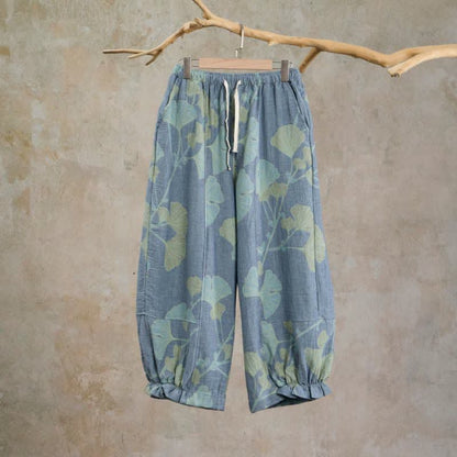 Ownkoti Retro Botanical Ginkgo Leaf Cotton Lounge Pants - Blue - XL - image 0
