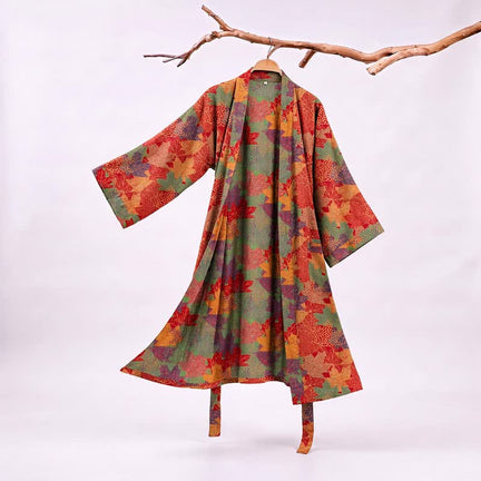 Ownkoti Autumn Maple Leaf Cotton Kimono Robe - Red & Green - XXL - image 0