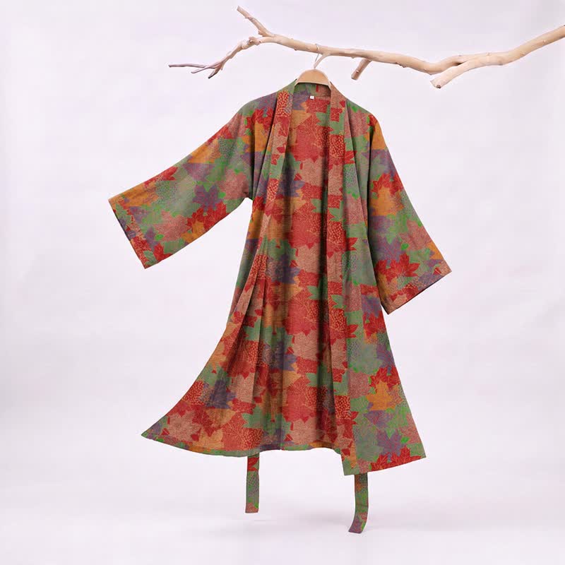 Ownkoti Autumn Maple Leaf Cotton Kimono Robe - Green & Red - XXL - image 5