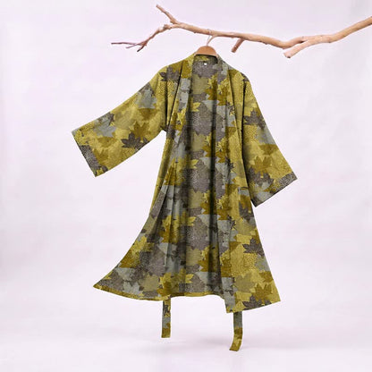 Ownkoti Autumn Maple Leaf Cotton Kimono Robe - Yellow & Gray - XXL - image 11