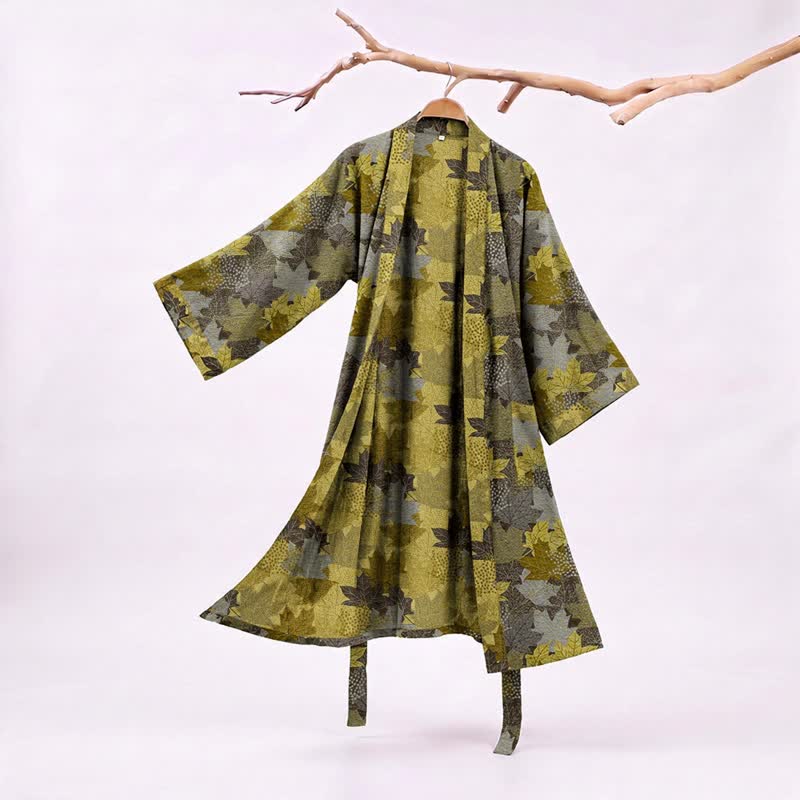 Ownkoti Autumn Maple Leaf Cotton Kimono Robe - Gray & Yellow - XXL - image 17