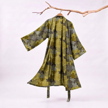 Ownkoti Autumn Maple Leaf Cotton Kimono Robe - Gray & Yellow - XXL - image 17
