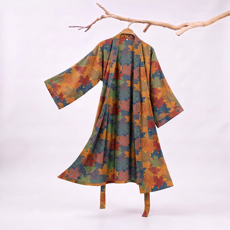 Ownkoti Autumn Maple Leaf Cotton Kimono Robe - Orange & Blue - XXL - image 23