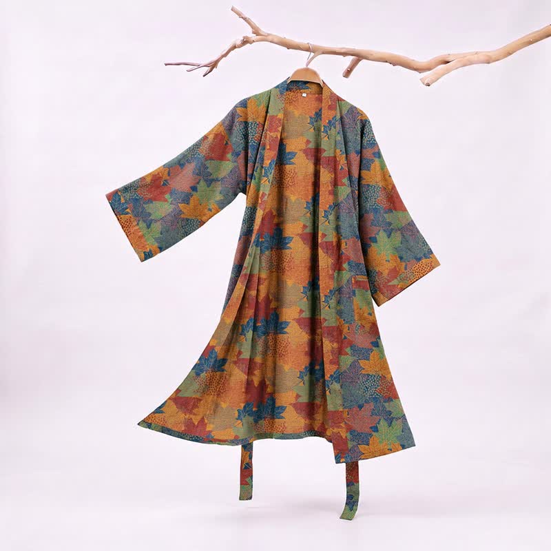 Ownkoti Autumn Maple Leaf Cotton Kimono Robe - Blue & Orange - XXL - image 29
