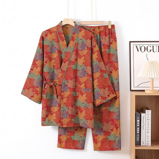 Ownkoti Maple Leaf Cotton Kimono Pajama Set - Red & Green - XL - image 0