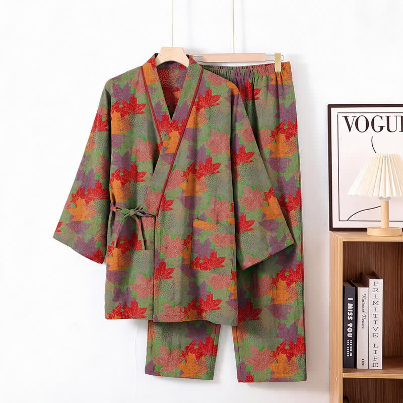 Ownkoti Maple Leaf Cotton Kimono Pajama Set - Green & Red - XL - image 7