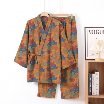 Ownkoti Maple Leaf Cotton Kimono Pajama Set - Orange & Blue - XL - image 31