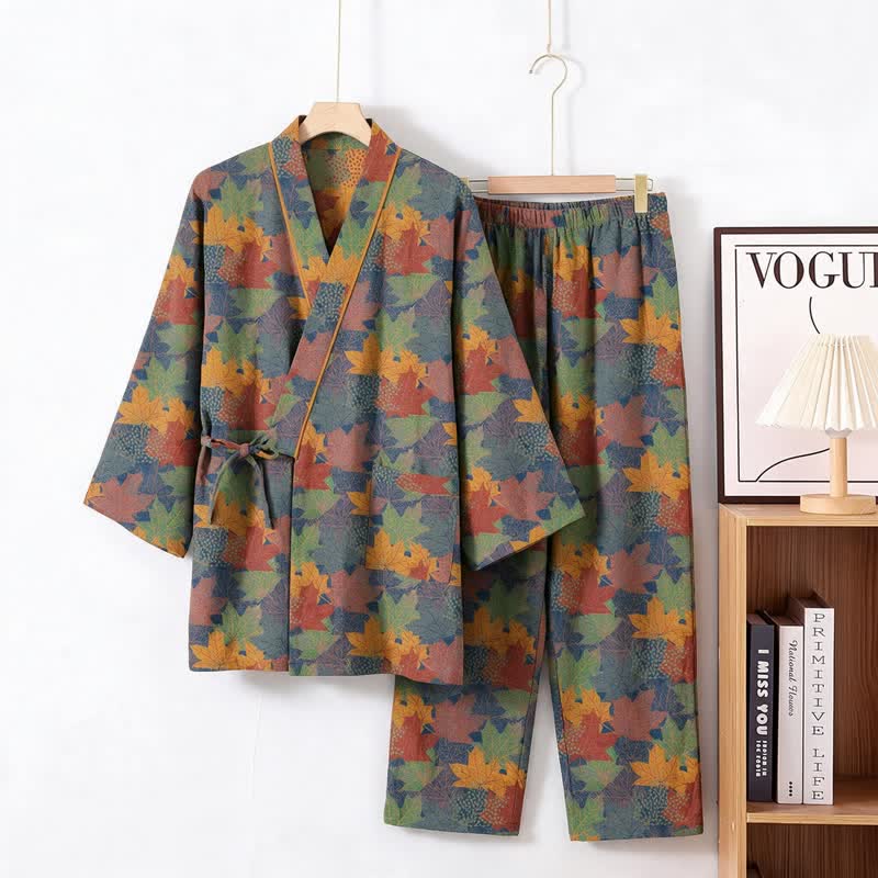 Ownkoti Maple Leaf Cotton Kimono Pajama Set - Blue & Orange - XL - image 23