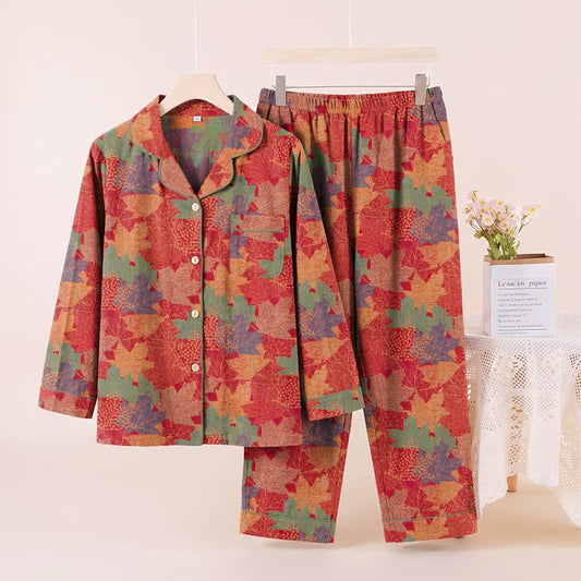 Ownkoti Fall Maple Leaf Cotton Loungewear Set - Red & Green - XL - image 0