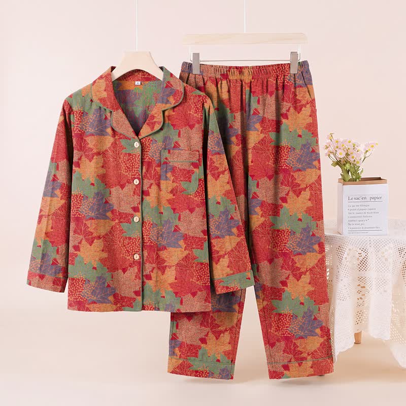 Ownkoti Fall Maple Leaf Cotton Loungewear Set - Red & Green - XL - image 0