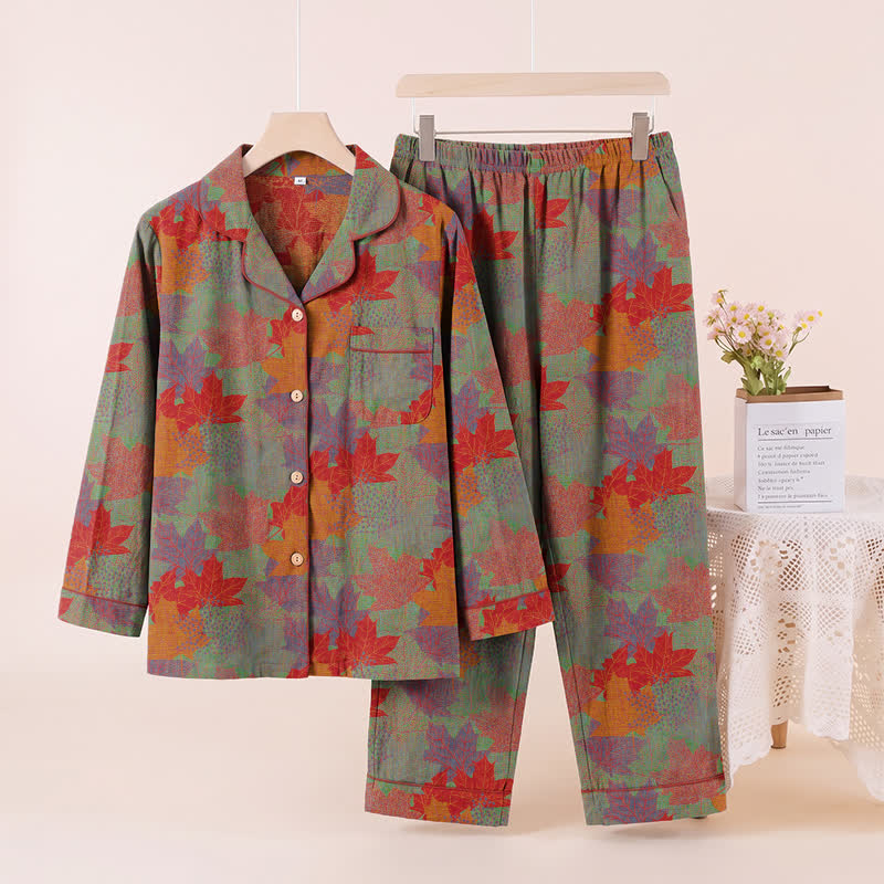 Ownkoti Fall Maple Leaf Cotton Loungewear Set - Green & Red - XL - image 7