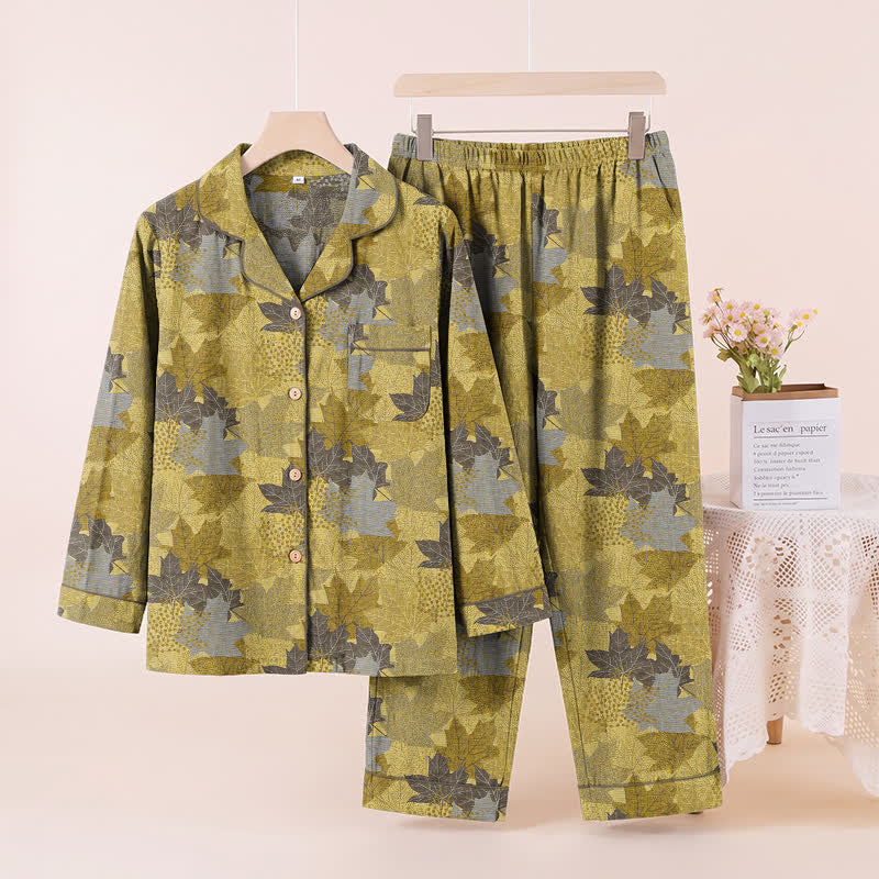 Ownkoti Fall Maple Leaf Cotton Loungewear Set - Yellow & Gray - XL - image 12
