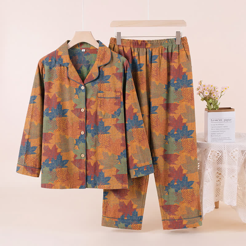 Ownkoti Fall Maple Leaf Cotton Loungewear Set - Orange & Blue - XL - image 14