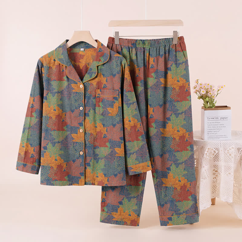 Ownkoti Fall Maple Leaf Cotton Loungewear Set - Blue & Orange - XL - image 30