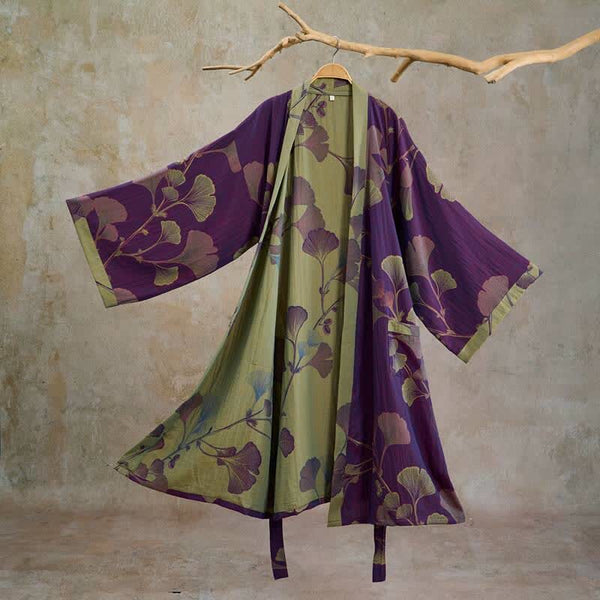 Ownkoti Retro Ginkgo Leaf Cotton Kimono Robe - Purple & Grass green - XL - image 0