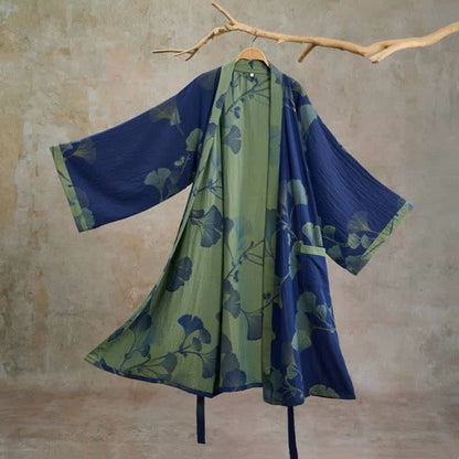 Ownkoti Retro Ginkgo Leaf Cotton Kimono Robe - Deep Blue & Grass green - XL - image 8