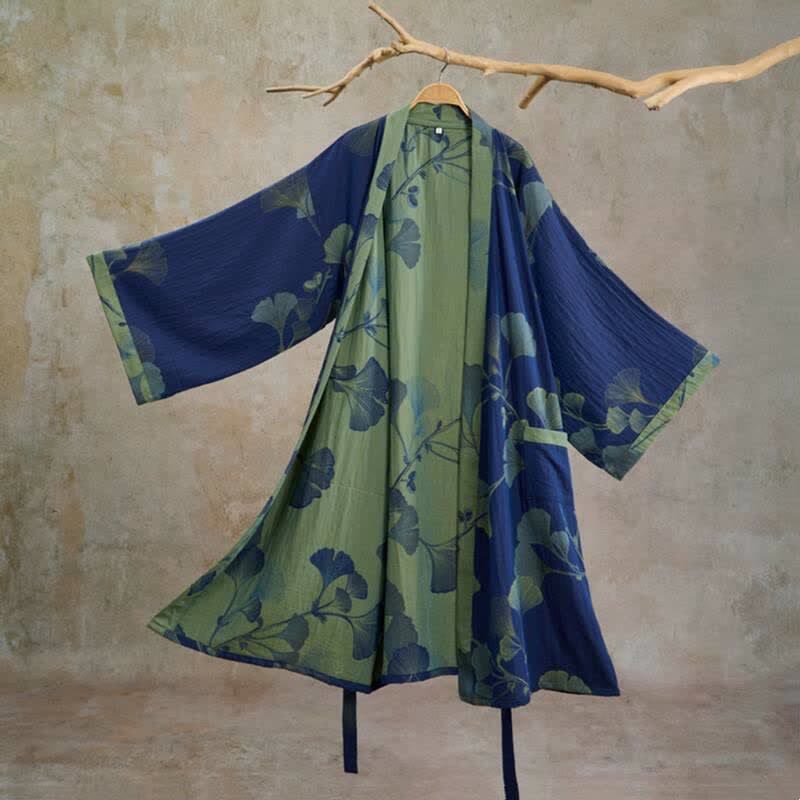 Ownkoti Retro Ginkgo Leaf Cotton Kimono Robe - Deep Blue & Grass green - XL - image 8