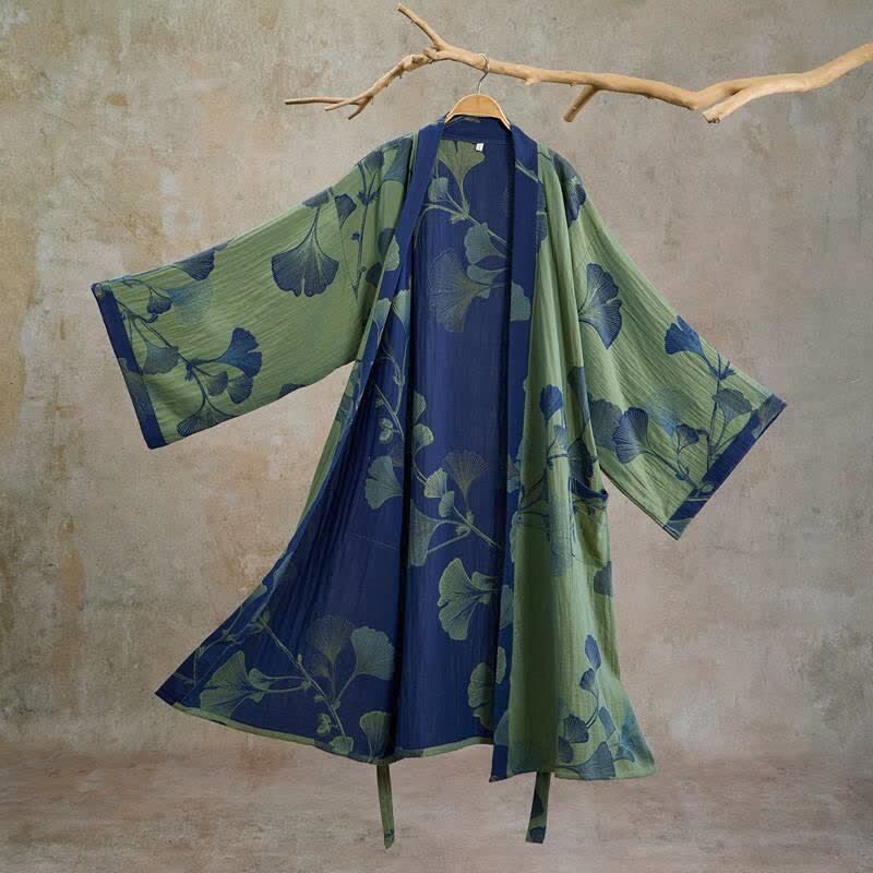 Ownkoti Retro Ginkgo Leaf Cotton Kimono Robe - Glass Green & Deep Blue - XL - image 15