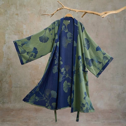 Ownkoti Retro Ginkgo Leaf Cotton Kimono Robe - Glass Green & Deep Blue - XL - image 15