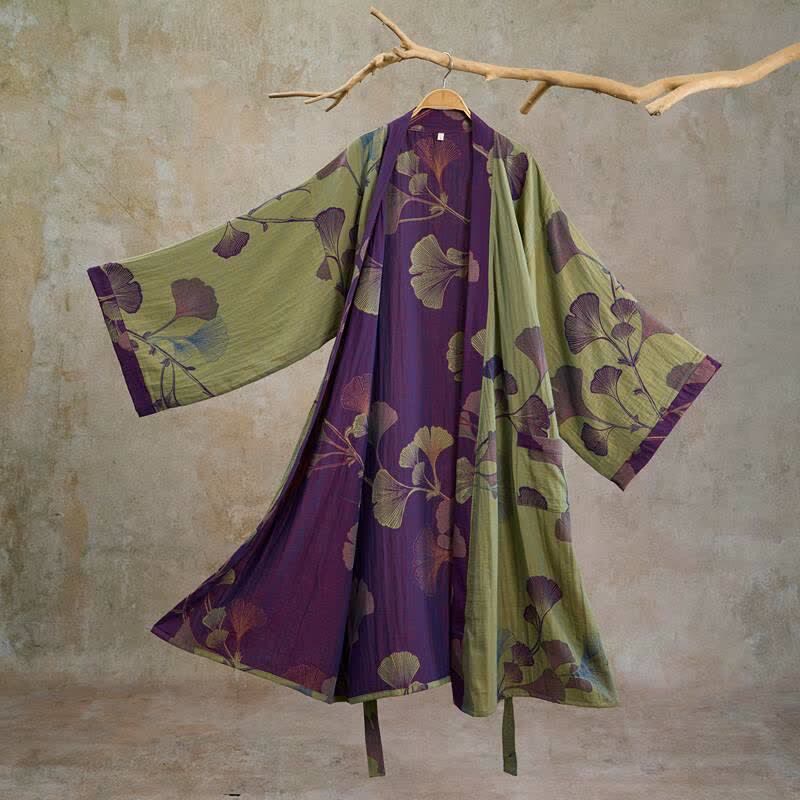 Ownkoti Retro Ginkgo Leaf Cotton Kimono Robe - Grass green & Purple - XL - image 23
