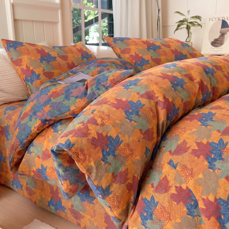 Ownkoti Colorful Maple Leaf Cotton Duvet Cover Bedding Set - Orange & Blue - Bedding Set(4PCS) - King - image 7