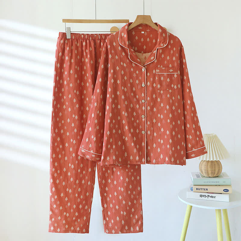 Ownkoti Relaxed Piped Cotton Maple Leaf Loungewear Set - Brown - XL - image 0