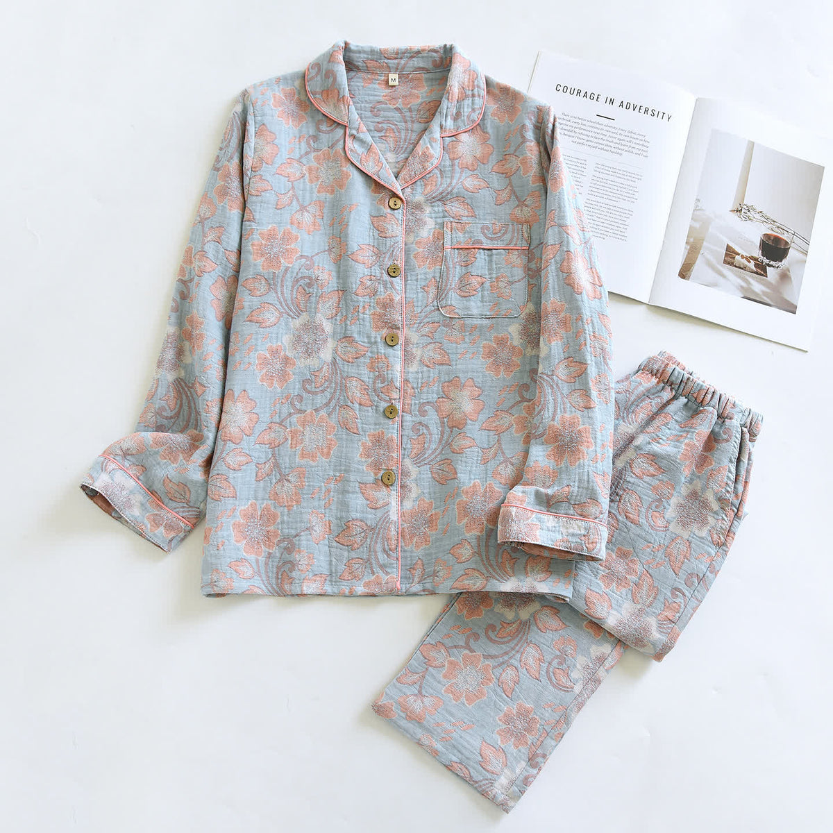 Ownkoti Breezy Floral Cotton Gauze Loungewear Set - Gray Blue - XL - image 12