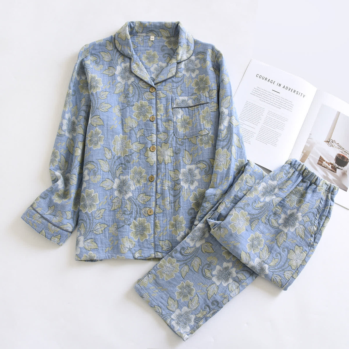 Ownkoti Breezy Floral Cotton Gauze Loungewear Set - Blue - XL - image 1