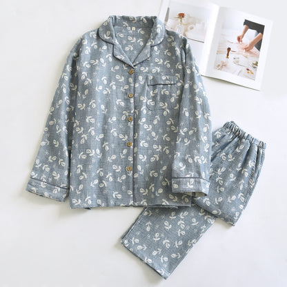 Ownkoti Cotton Gauze Leaf Print Pajama Set - Gray - XL - image 0